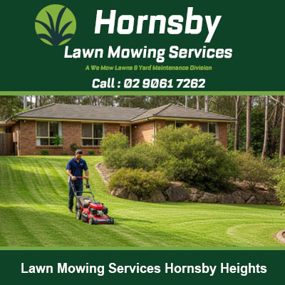 Professional lawn mowing specialist creating striped finish on sloped yard in Hornsby Heights NSW
