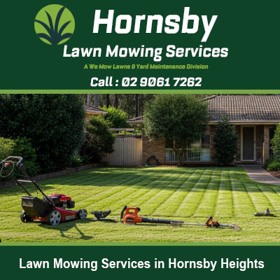 Professional lawn mowing equipment on freshly striped backyard lawn in Hornsby Heights NSW