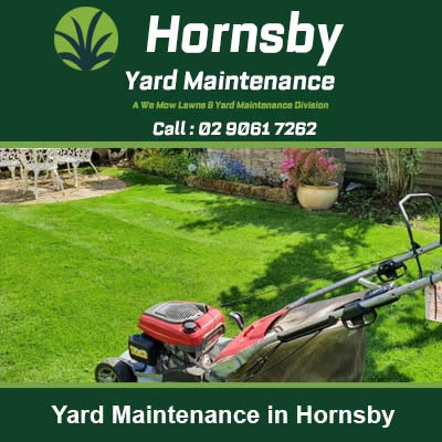 Red lawn mower on a striped lawn with landscaped in Hornsby