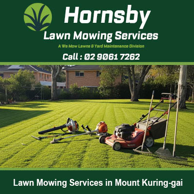 Hornsby lawn mowing services equipment on beautifully maintained front yard in Mount Kuring gai NSW