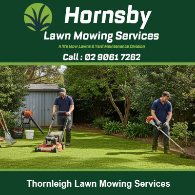 Certified lawn mowing team working on residential backyard property in Thornleigh NSW
