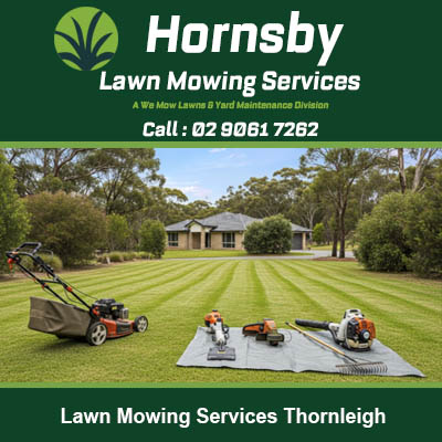 Professional lawn mowing equipment on freshly striped residential lawn in Thornleigh NSW