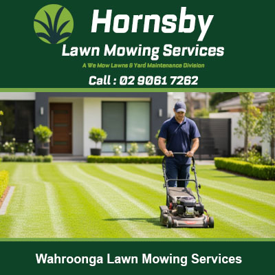 Hornsby lawn mowing professional using commercial mower on Wahroonga NSW residential lawn