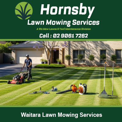 Lawn mowing team creating striped finish on residential front yard in Waitara NSW